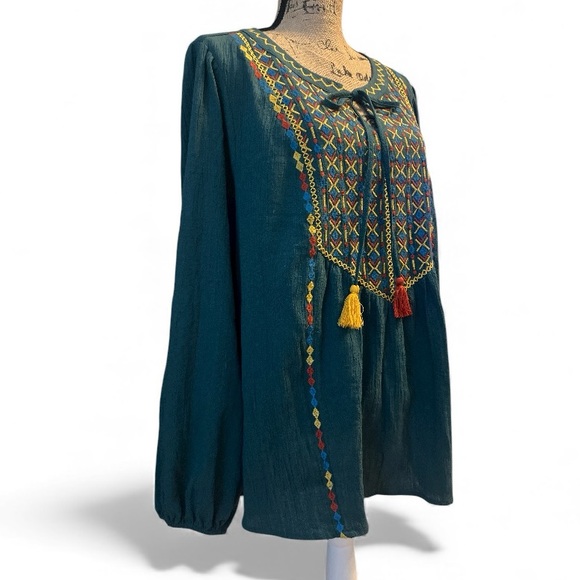 Savanna Jane Top Embroidered Aztec Western Boho Peasant Long Sleeve Top Size 2X - Picture 3 of 6